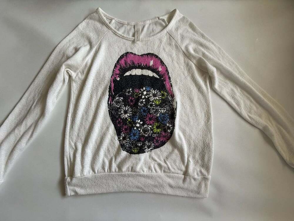 Y2K Halet Starr Floral Tongue Mouth Graphic Sweatshirt Size M White Lips Pop Art